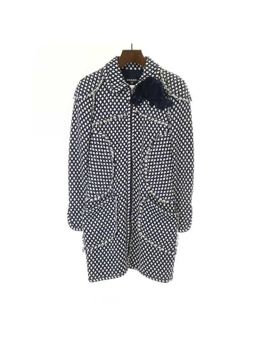 Chanel 2008 Flower Bijoux Tweed Zip Coat Navy 38